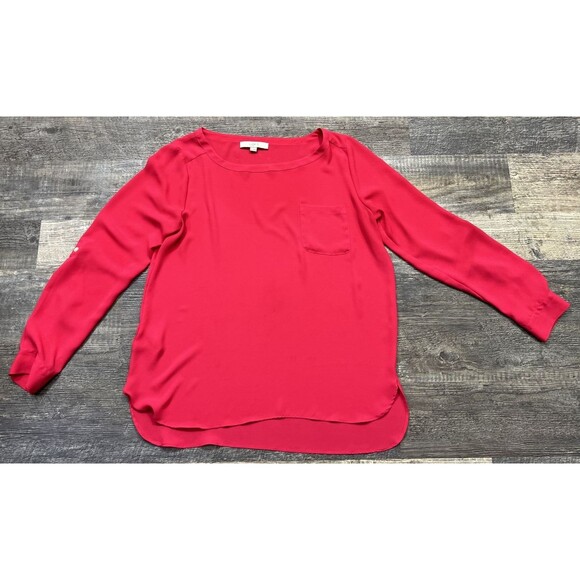 Ann Taylor LOFT Size M Solid Hot Pink Long Sleeve Boat Neck Pullover Blouse - Picture 5 of 11